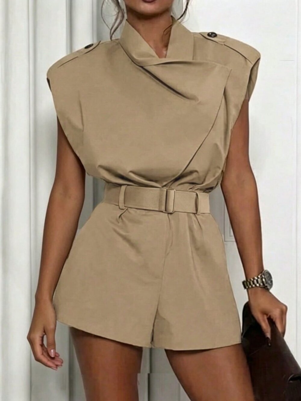 Khaki Casual Womens Lapel Shoulder Sleeveless Cinch Waist romper Jumpsuit
